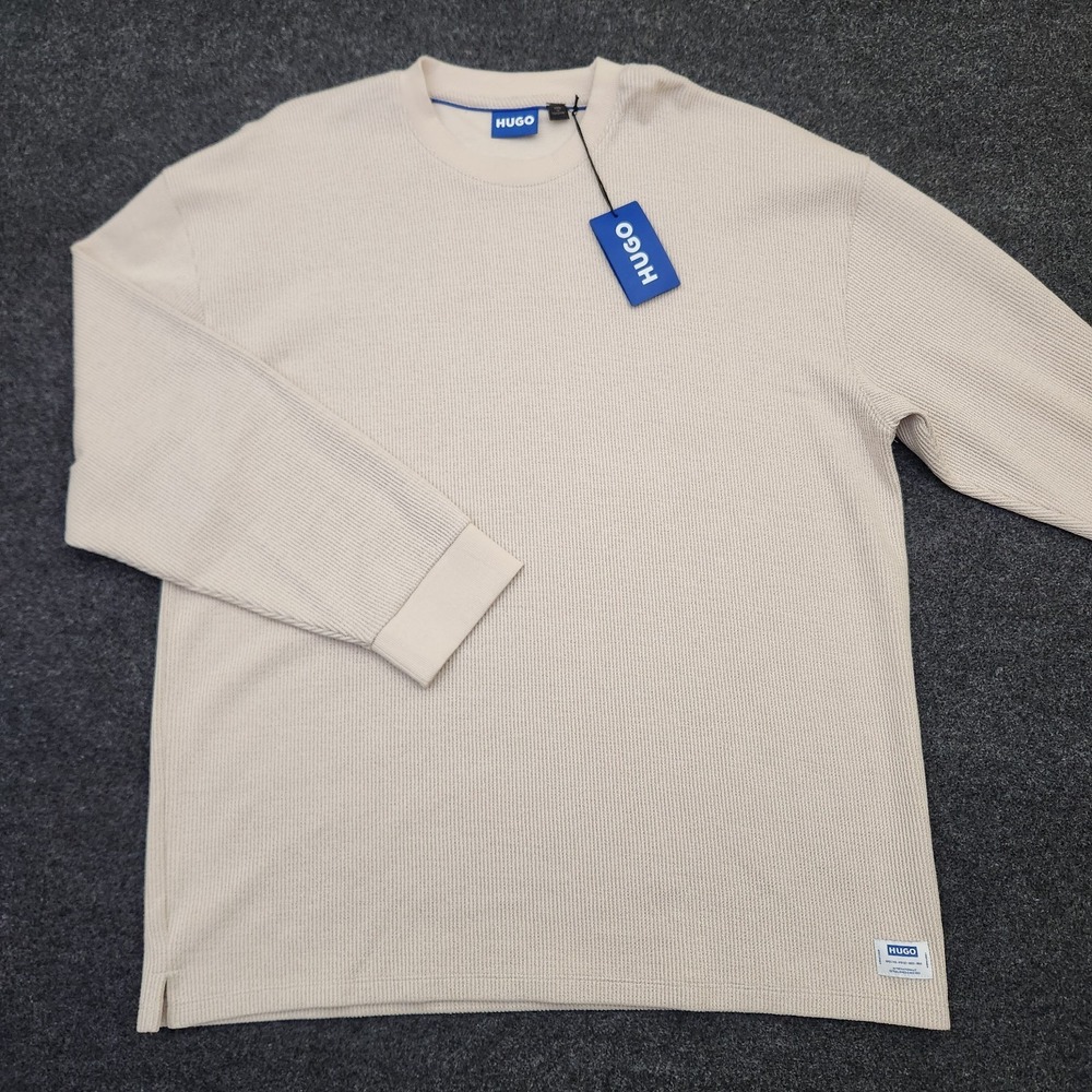 NWT Hugo Boss Mens XXL Beige Ribbed Knit Lightweight Crew Neck Sweater Top NEW
